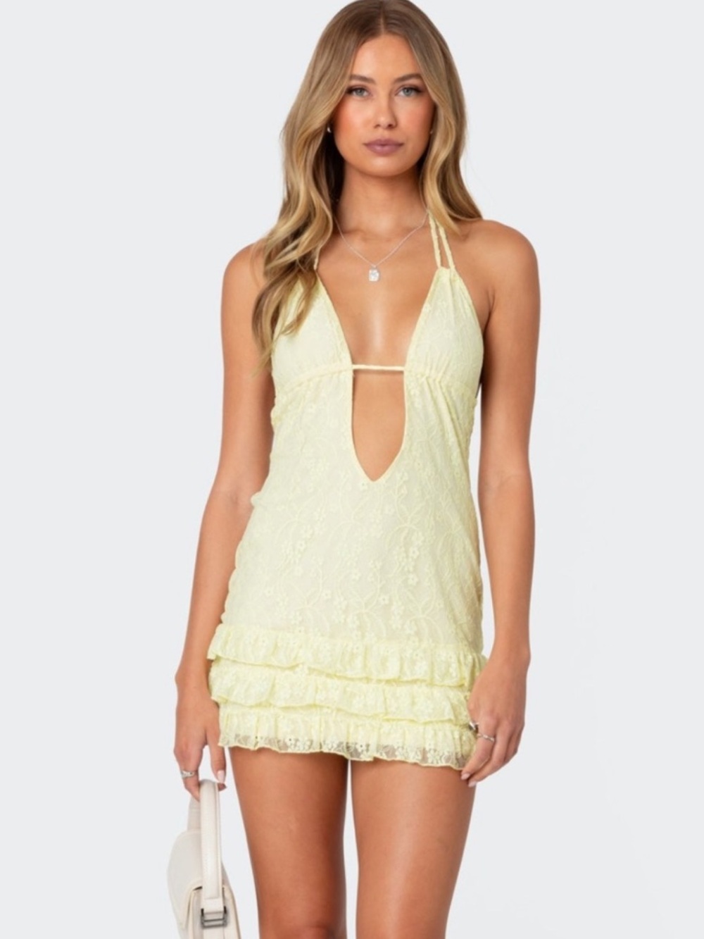 Edikted Debby Lace Ruffle Halter Mini Dress